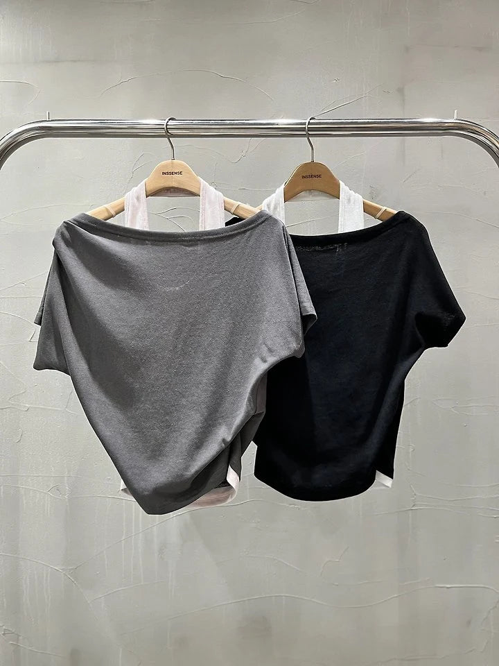 Two-Way Halter Layered Asymmetric Short-Sleeve Top