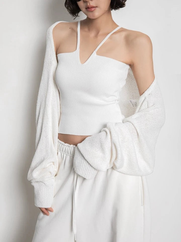 V Line Strap Rib Knit Top