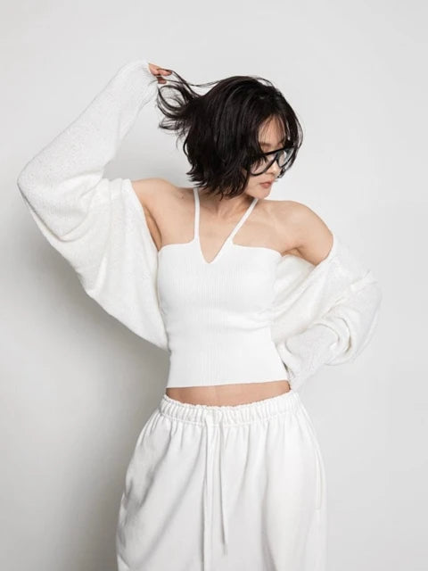 V Line Strap Rib Knit Top