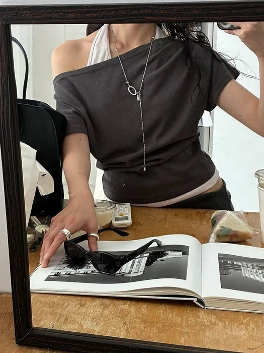 Two-Way Halter Layered Asymmetric Short-Sleeve Top