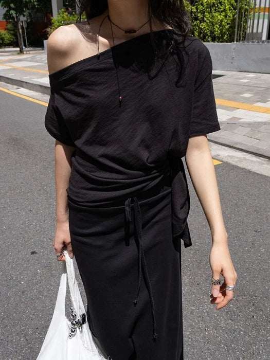Slub Asymmetric Slit Off-Shoulder Top