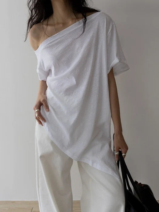 Slub Asymmetric Slit Off-Shoulder Top