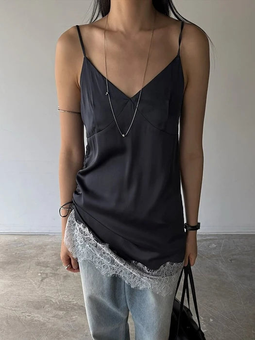 Sleeveless Side Satin Top for Women in Cream and Navy