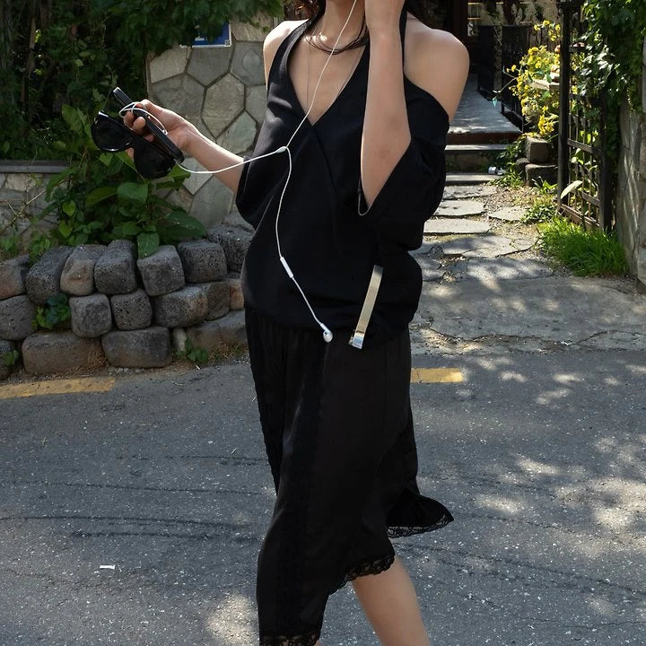 Draped Halter Off-Shoulder Short-Sleeve Top