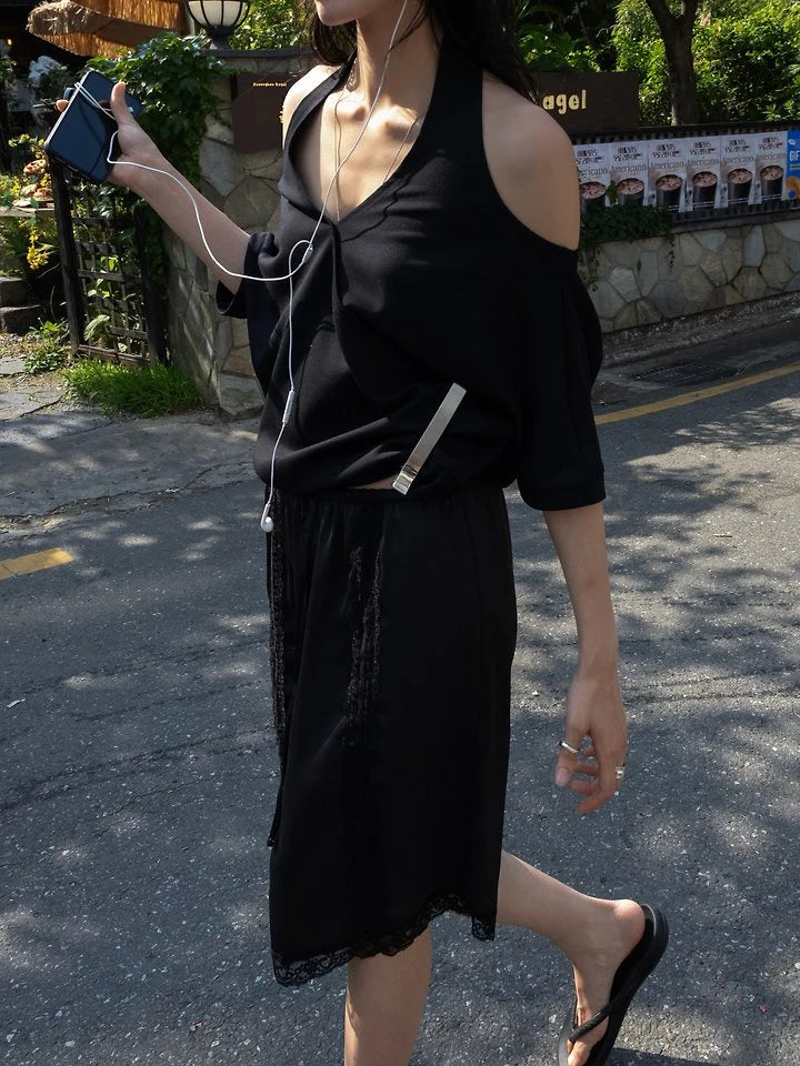 Draped Halter Off-Shoulder Short-Sleeve Top