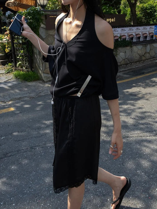 Draped Halter Off-Shoulder Short-Sleeve Top
