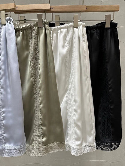 Lace Trim Silky Midi Skirt
