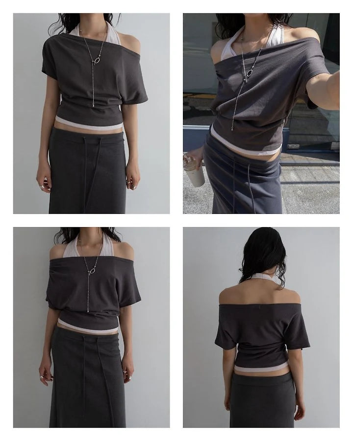 Two-Way Halter Layered Asymmetric Short-Sleeve Top
