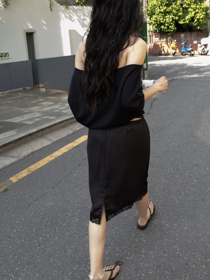Lace Trim Silky Midi Skirt