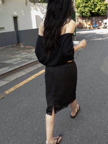 Lace Trim Silky Midi Skirt