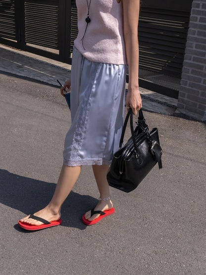 Lace Trim Silky Midi Skirt
