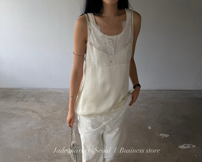 Bella Satin Sleeveless Top With Delicate Lace Trim