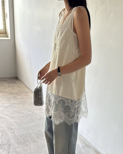 Bella Satin Sleeveless Top With Delicate Lace Trim