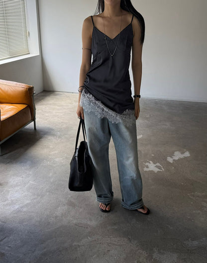 Sleeveless Side Satin Top for Women in Cream and Navy