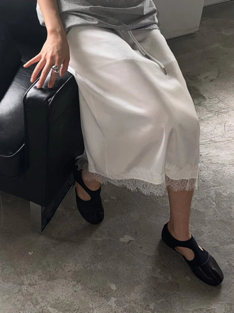 Lace Trim Silky Midi Skirt
