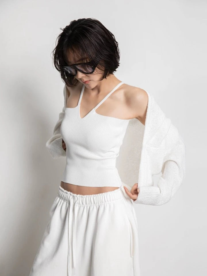 V Line Strap Rib Knit Top