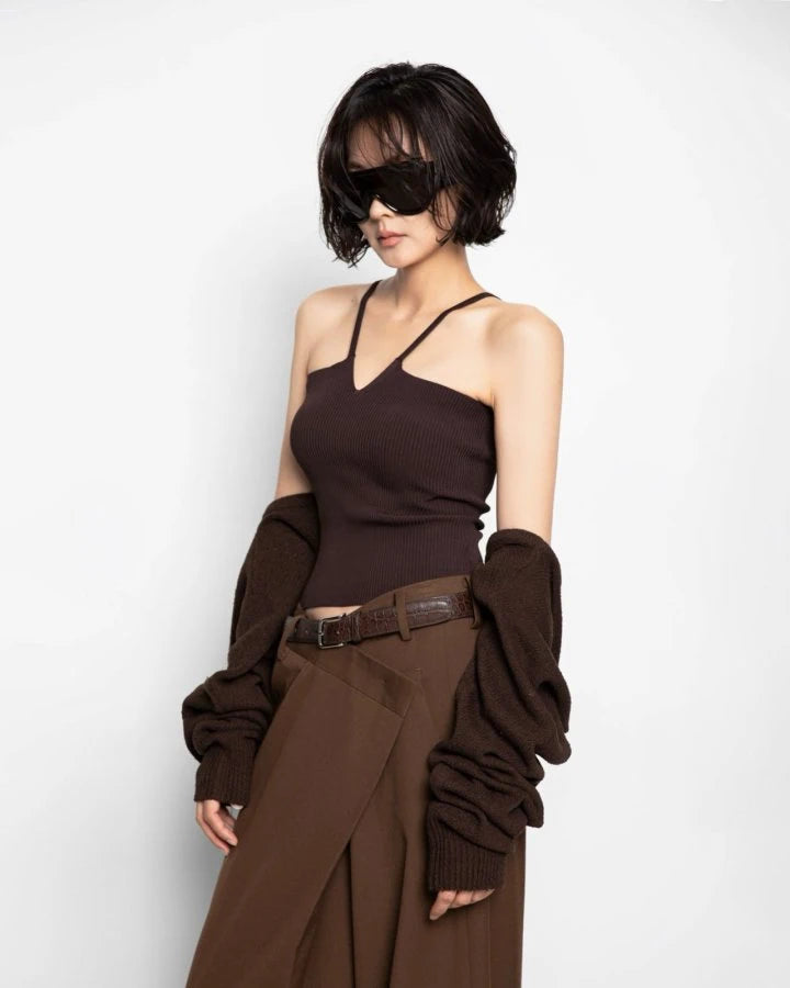 V Line Strap Rib Knit Top