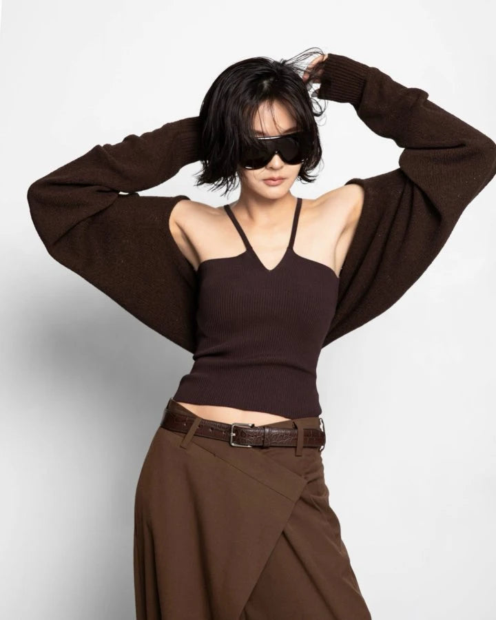 V Line Strap Rib Knit Top