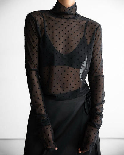 Dot Mesh Sheer Turtleneck Long Sleeve Tee