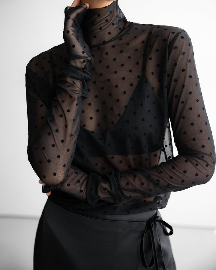 Dot Mesh Sheer Turtleneck Long Sleeve Tee
