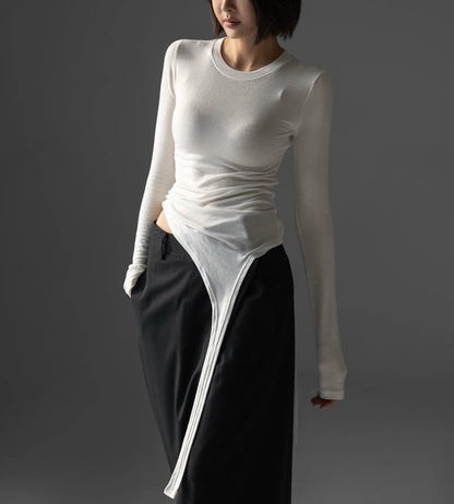 Unbalanced Hem Line Detail Slim Long Sleeved Tee
