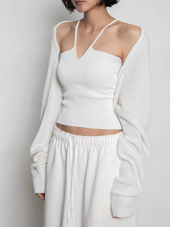 V Line Strap Rib Knit Top