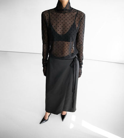 Dot Mesh Sheer Turtleneck Long Sleeve Tee